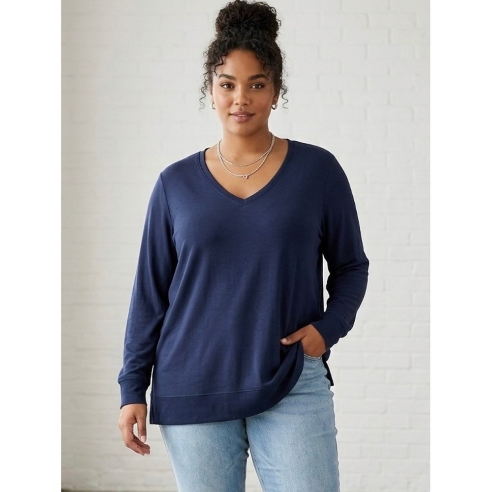 Lucky Brand Womens Navy Blue V-Neck Long Sleeve Ribbed Hem Tunic Sweater XL